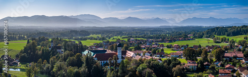 Beuerberg Bavaria. Alps Mountains in the back. Aerial Drone panorama photo