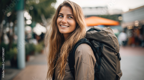 portrait of a female backpacker , ai generated photo