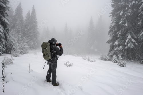 A man standing in the snow with a backpack