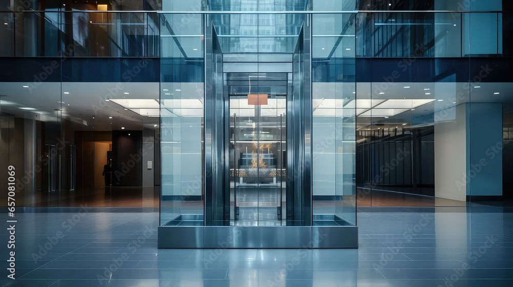 Empty glass modern elevator in a mall, nobody. Minimal interior of shopping or business center. Futuristic stylish room.  - obrazy, fototapety, plakaty 