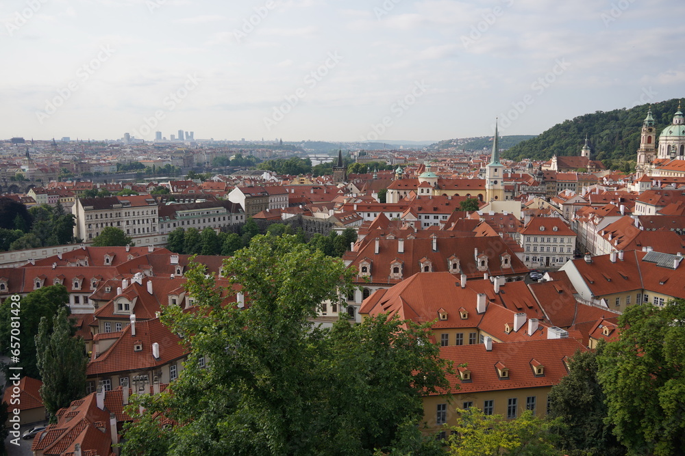 Cityscape in the Lesser Town of Prague, Czech Republic. Malá Strana surrounded by old houses with red roofs.