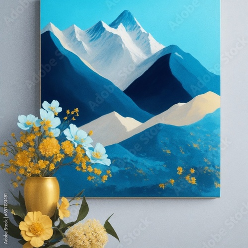 bouquet of flowers in the snow, wall painting, mountains