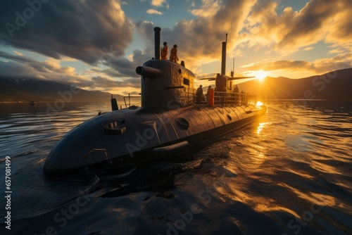 Historic submarine silhouette against a beautiful sunset at sea, Generative AI photo