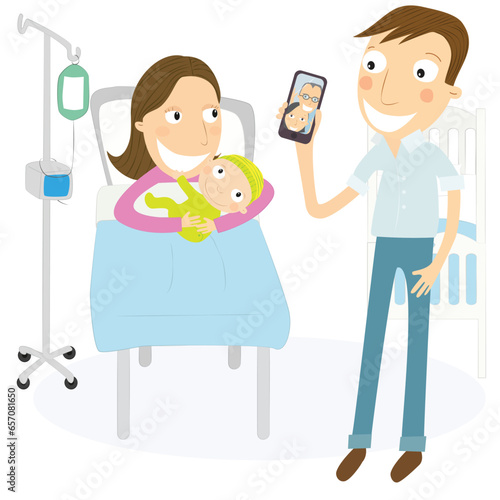 Parents in the maternity ward video calling grandparents to meet their new grandchild. Vector Illustration.