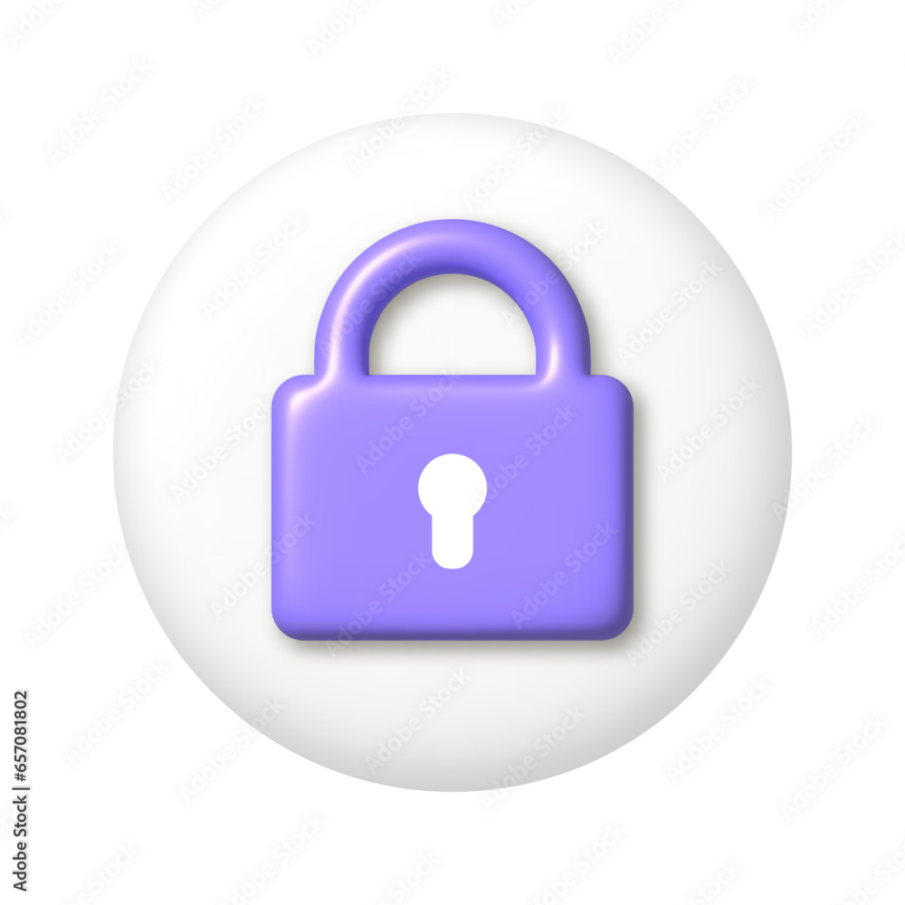 Purple lock icon on white round button. 3D vector illustration. Purple lock icon on white round button. 3D vector illustration.