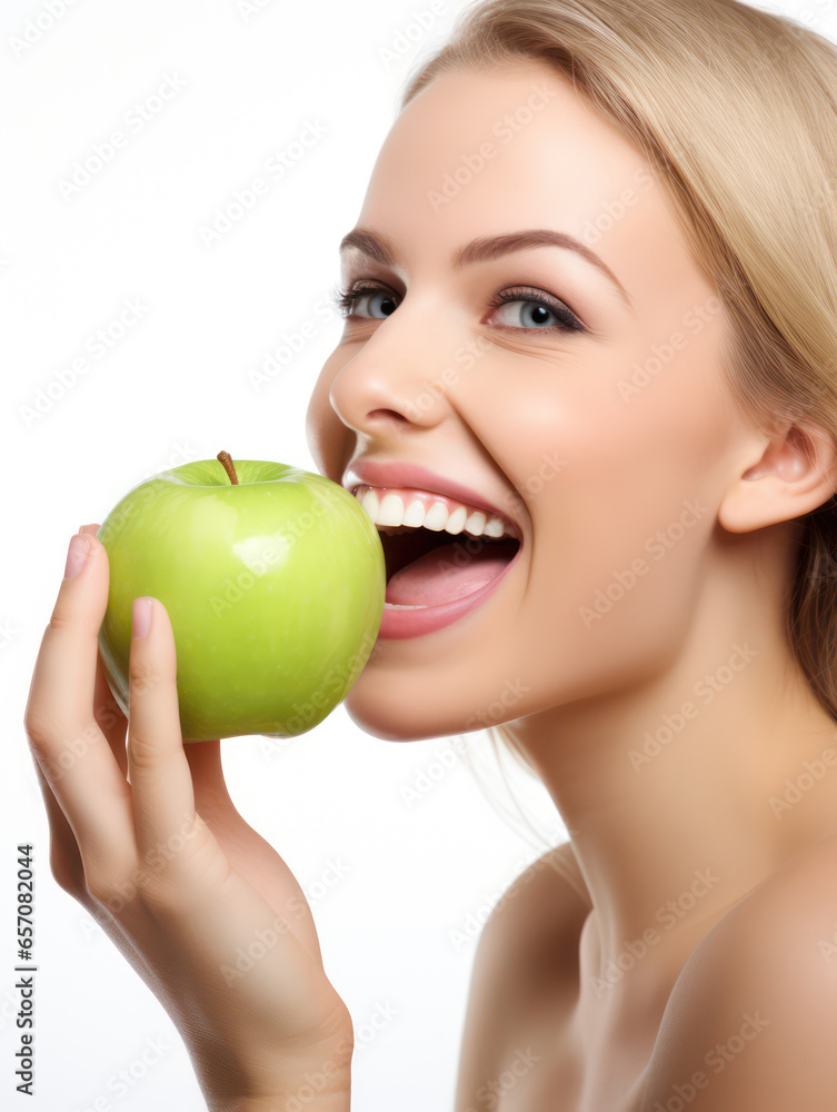 Beautiful woman eating a green apple in the studio on white background. female smile after teeth whitening procedure. Dental care. Dentistry and healthy lifestyle concept. Beautiful woman eating a green apple in the studio on white background. female smile after teeth whitening procedure. Dental care. Dentistry and healthy lifestyle concept.