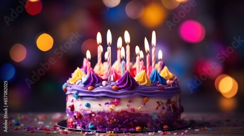 Birthday cake with candles bright lights bokeh background. Birthday cake decorated with colorful cream.