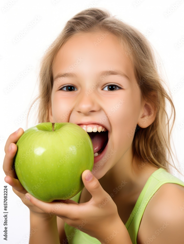 happy Child with ideal teeth eating green apple. Little Handsome girl with Health food. advertising of dentistry and healthy lifestyle happy Child with ideal teeth eating green apple. Little Handsome girl with Health food. advertising of dentistry and healthy lifestyle