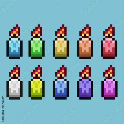 Pixel art sets of candle with variation color item asset. Simple bits of candle on pixelated style. 8bits perfect for game asset or design asset element for your game design asset