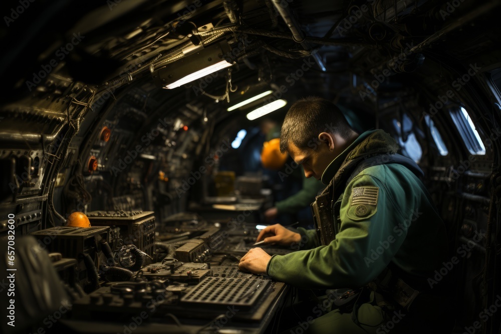 Submarine's interior with crew members at their duty stations, Generative AI Submarine's interior with crew members at their duty stations, Generative AI