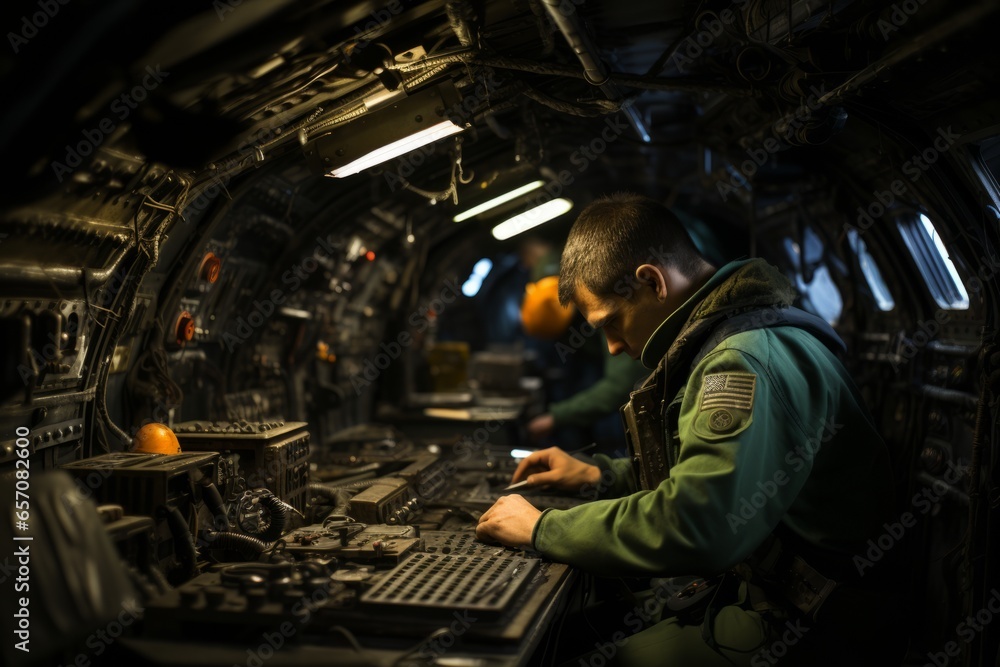 Submarine's interior with crew members at their duty stations, Generative AI