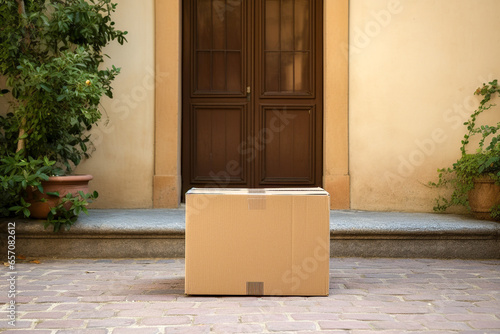 Package delivered to the door. Mockup parcel. Cardboard box with goods, ordered online. Home delivery, distribution and e-commerce concept. AI generative.