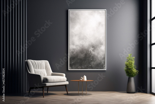 Lounge area, waiting room with armchair, table, green plant, abstract art on dark gray wall. Front view background. Interior and studio concept. AI generative.
