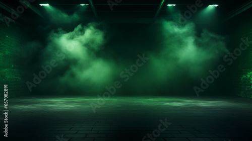 Dark empty grungy show room with smoke and spotlights. Green walls and floor. Moody front view, mockup, background. Interior and studio concept. AI generated illustration.