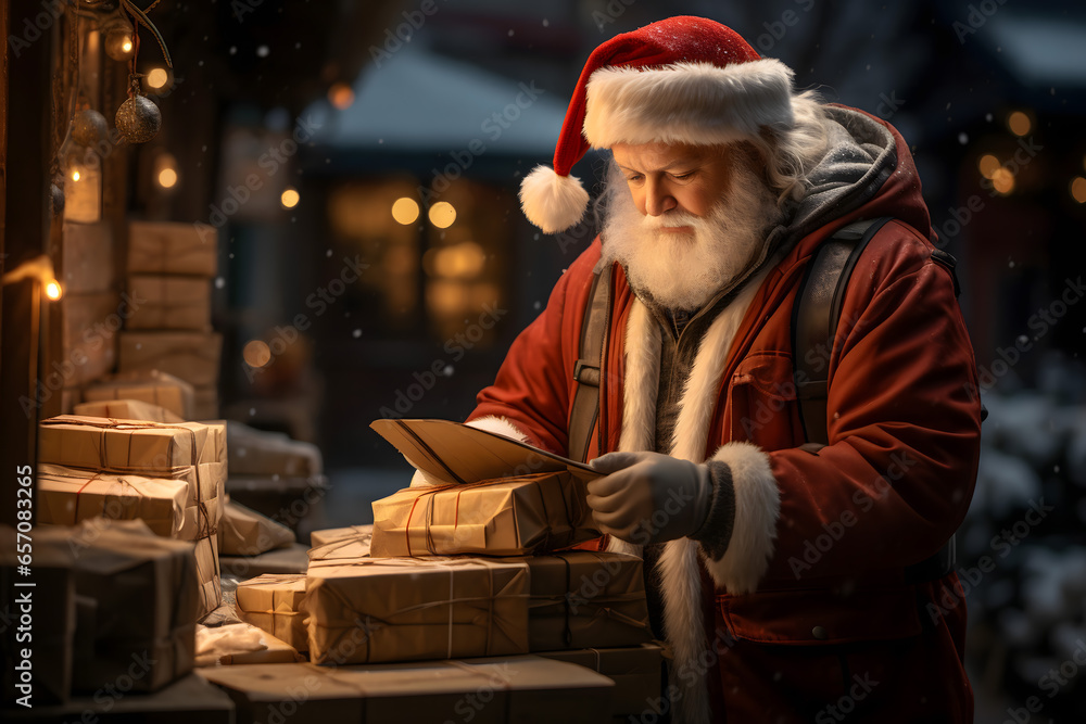 Obraz premium christmas tree decorations, santa claus with gifts, snowman in the snow, christmas gift boxes 