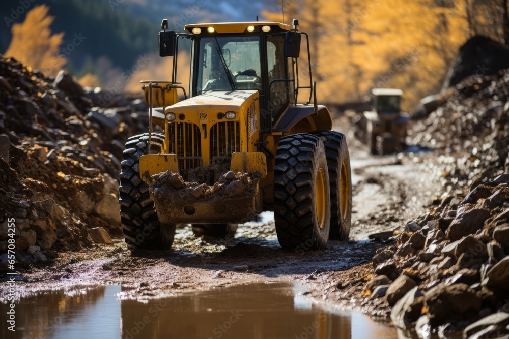 Front-end loader scooping up gravel at a quarry, Generative AI Front-end loader scooping up gravel at a quarry, Generative AI