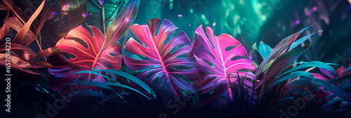 Realistic tropical leaves with neon glow   Generative AI