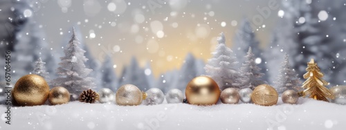 Beautiful background image of a wide format on a winter theme, Christmas balls, Christmas tree, gold glitter, bokeh background © Eli Berr