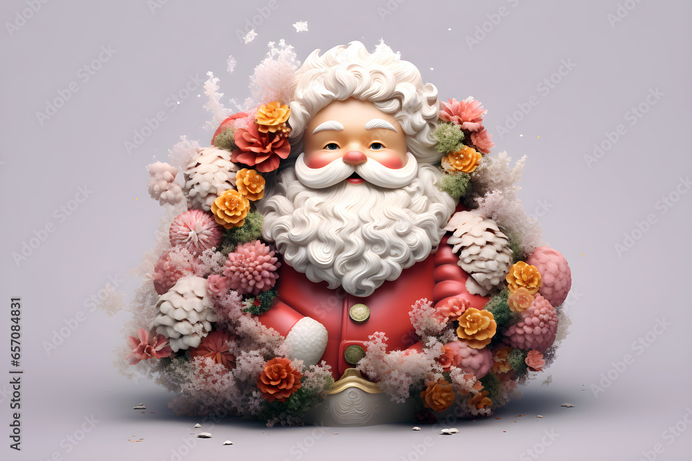 3D Santa Covered with Flowers and Snow, Ai Generated