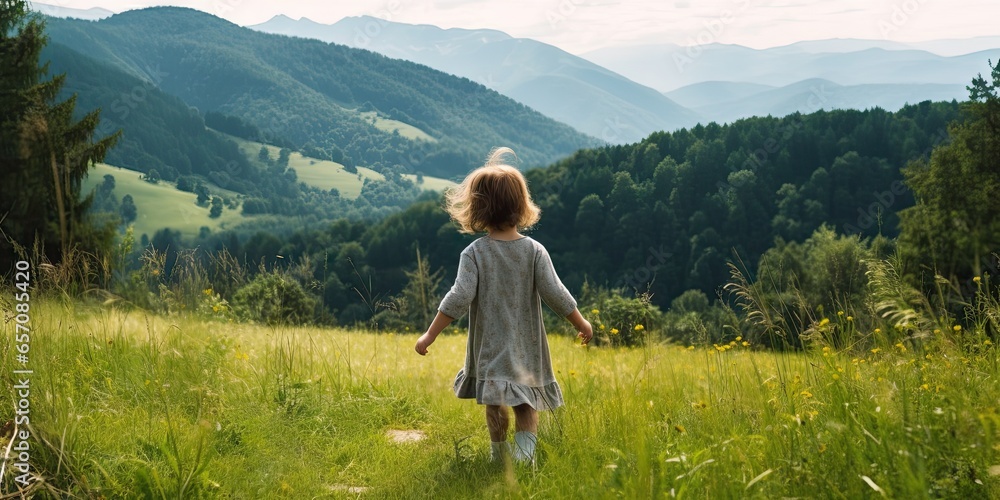 Girl walking on mountain. Adventurous summer. Exploring beauty. Journey of freedom. Escapade in mountains. Nature wonders. Summertime trek. Enjoying scenery