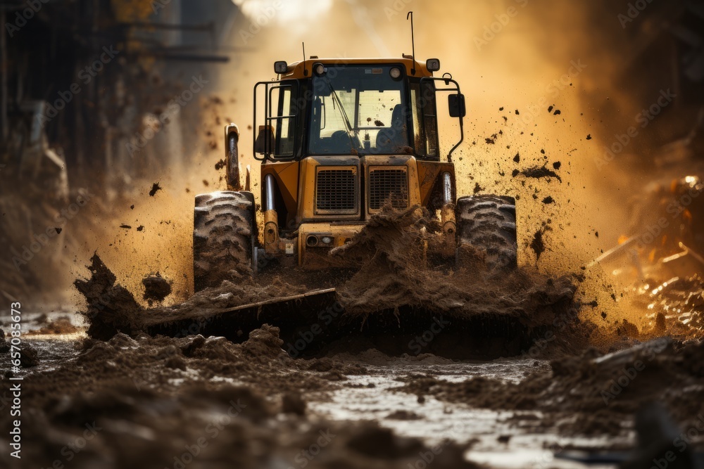 Massive bulldozer clearing a construction site, Generative AI Massive bulldozer clearing a construction site, Generative AI