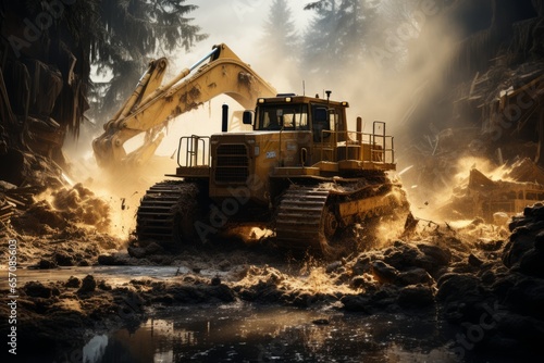 Massive bulldozer clearing a construction site  Generative AI