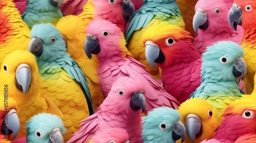 Seamless pattern of realistic parrots, cute, colorful, hyper realistic, background, wallpaper, pastel tones