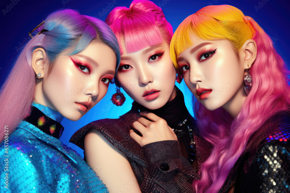 Three young asian women with colored hair