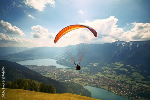 Person paragliding over the mountains and lake
