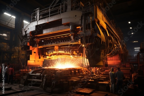 Powerful hydraulic press bending thick steel beams at a metalworking facility, Generative AI photo