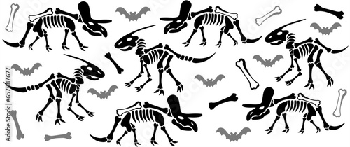 Bundle, Set of dinosaur skeletons, dino bones. Remains of ancient animals. Modern vector flat design image. 