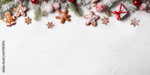 White Christmas background with Season Composition of Festive Elements such as Cookies, gift box, Candies, snowflake, gingerbread men, winter spice, Christmas Tree Decorations.