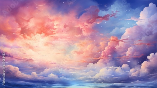 Bright colorful clouds. Clouds in pink and purple colors. Beautiful sky. Generative AI.