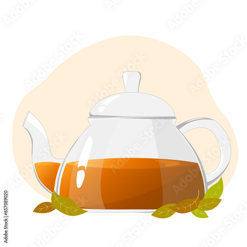 Glass teapot with tea leaves. Transparent glass teapot. Glass tea kettle for boiling water, tableware for tea ceremony at home. Healthy drinks concept