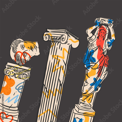Hand drawn vector abstract graphic, antique ancient sculpture statues and column line art modern poster art.Antique vintage classic sculpture in trendy line style.Antique statue design background.