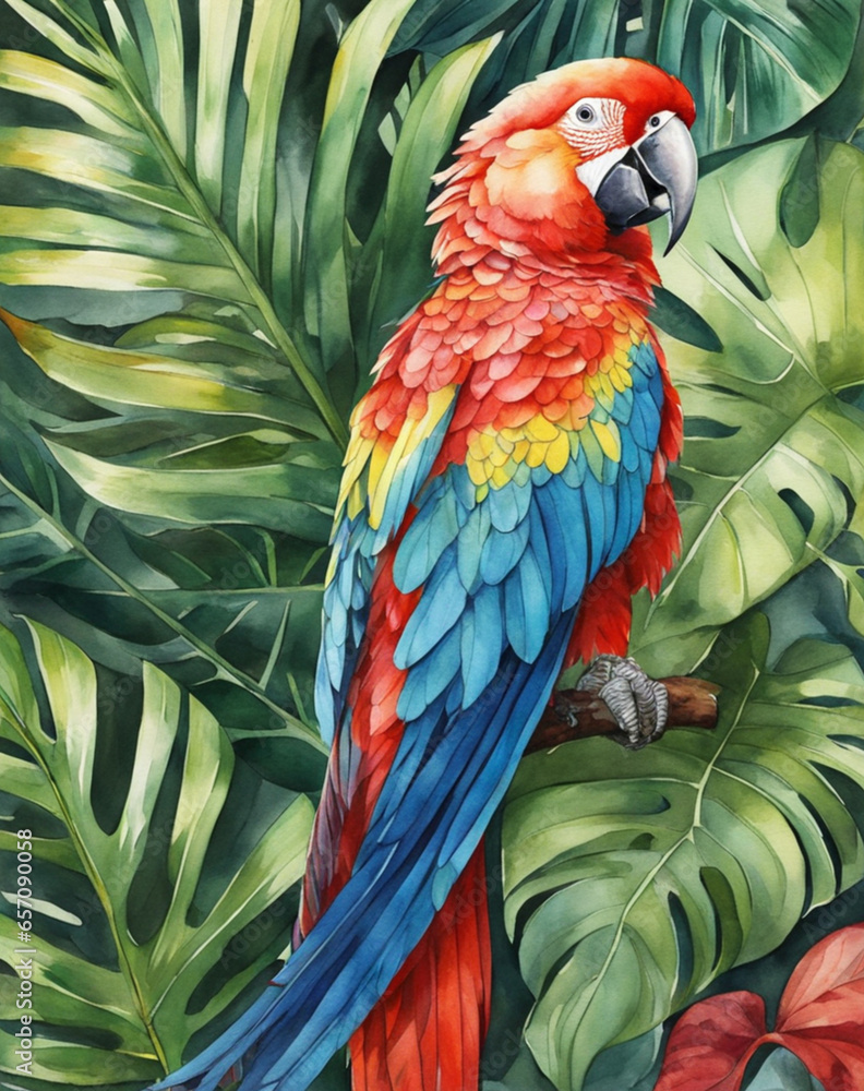 a bright parrot on a background of tropical plants. Watercolor drawing