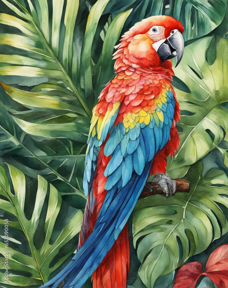 Obraz premium a bright parrot on a background of tropical plants. Watercolor drawing