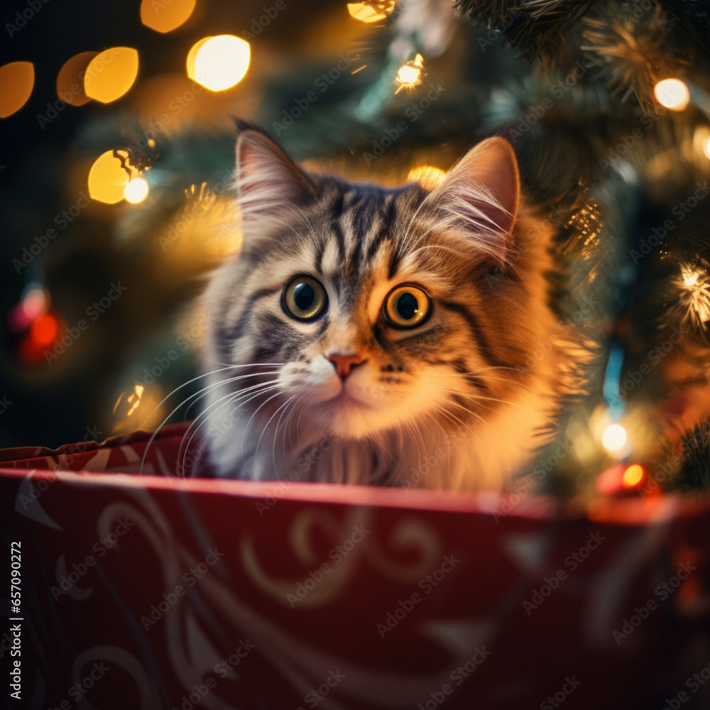 portrait photo of a happy cat looking out of the christmas present box under the christmas tree, atmospheric lighting, bright colours