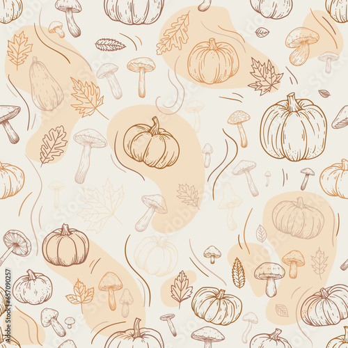 Hand drawn pumpkins, leaves, mushroom, acorn, chestnut. Autumn line sketch foliage seamless pattern vibrant and textured decoration. Perfect for textiles, wallpapers, and more. Not AI generated.