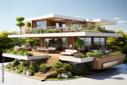  3D rendering of a contemporary rooftop garden PNG Cutout, Generative AI © Box Milk