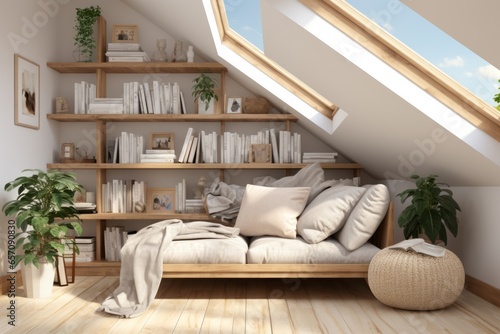 3D rendering of a cozy attic reading nook with a skylight PNG Cutout, Generative AI photo