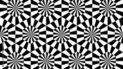 Seamless looping animation footage with rays and hexagons. Black and white optical illusion. Psychedelic hypnotic endless geometric transformation. Op Art. Dj loop. Vj loops. 4K