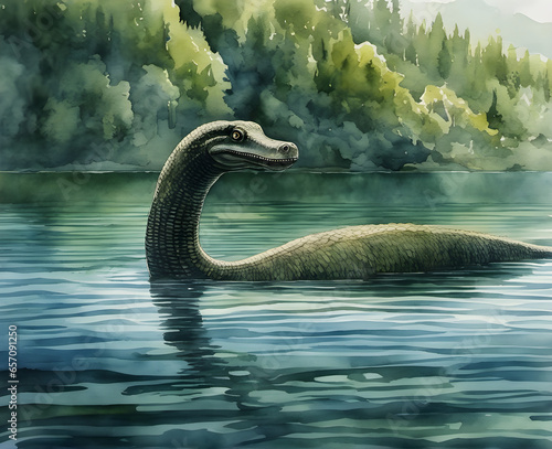 Enigmatic Depths: Loch Ness Monster Watercolor Illustration. generative AI