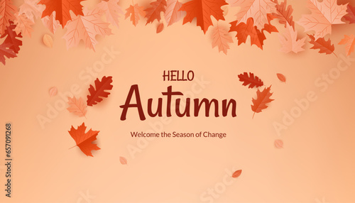 Hello autumn design with nature inspired vector illustration. Featuring vibrant foliage of oak, maple, it's perfect for creating posters, banners, and cards for the fall season. Not AI generated.