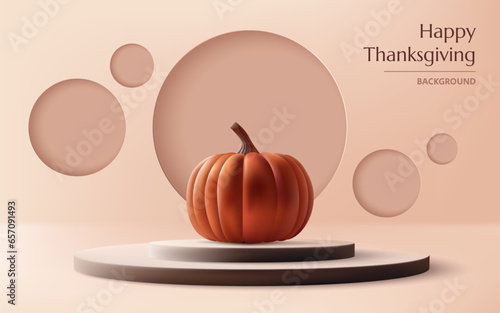 Interior modern and minimalist design with pastel colors, Happy Thanksgiving banner and realistic pumpkin on podium. Pedestal in cylinder shape Not AI generated. photo