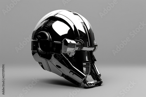 Brutalist Cyborg: Chrome Robot Headgear in Sci-Fi