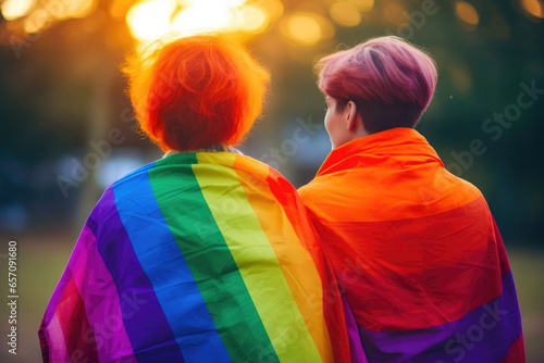 LGBTQ  Pride  Young Same-Sex Couple and Rainbow Banner