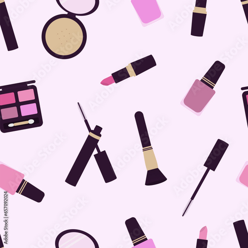 Makeup seamless pattern. Modern cosmetics collection background.