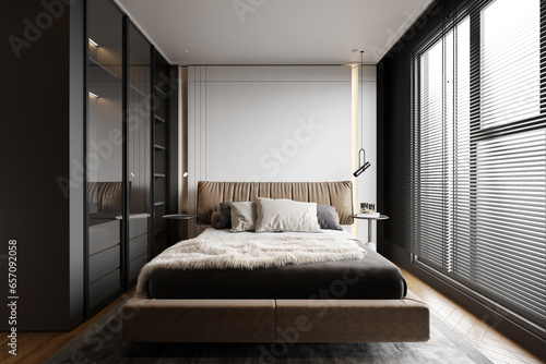 Panoramic window and Black closet near the bed in a smart bedroom, 3D rendering