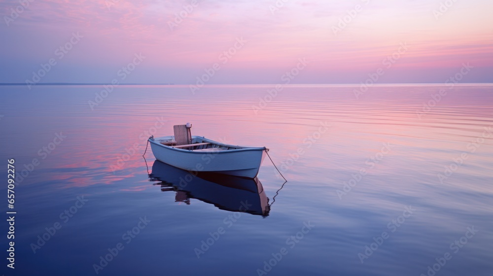Single boat on a calm and beautiful ocean. A lone small wooden rowing boat is moored in calm water.